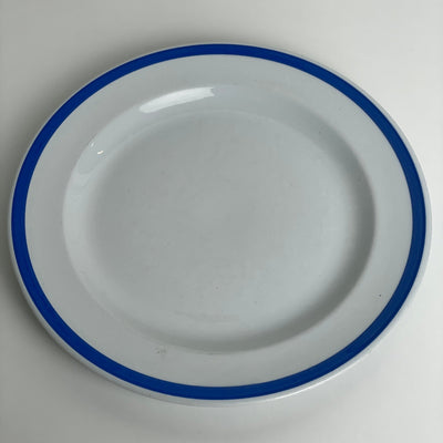 Aluminia fad rundt med blå stribe i kanten. 33 cm. i diameter.